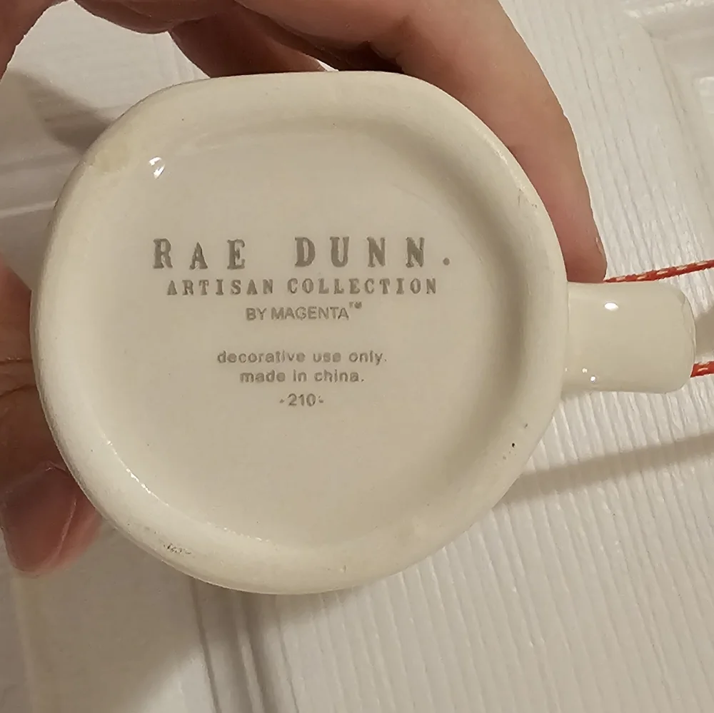 Rae Dunn EUC Ornament Set - Holly and Jolly Mugs with Red Ribbon